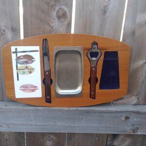 Mid century modern stainless Japan cheese plate board charcuterie teak wood